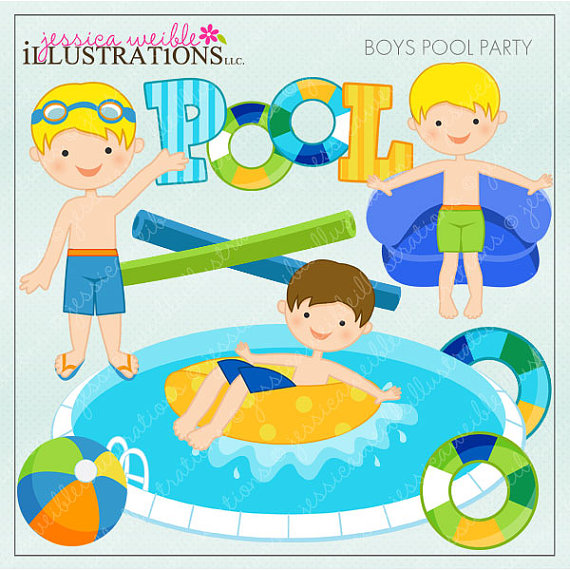 Boys Pool Party Cute Digital Clipart For Card By Jwillustrations
