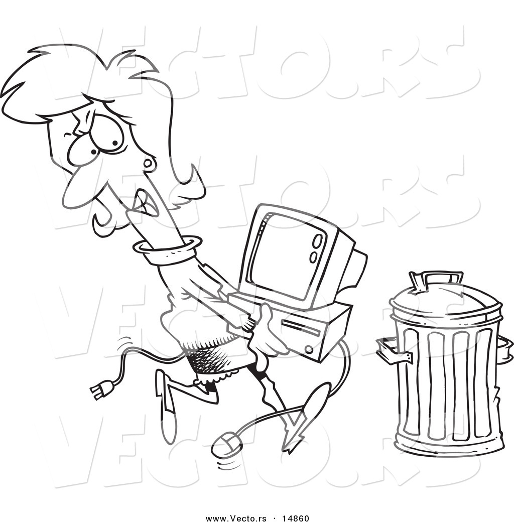 Cartoon Businesswoman Throwing Away A Broken Computer   Coloring Page
