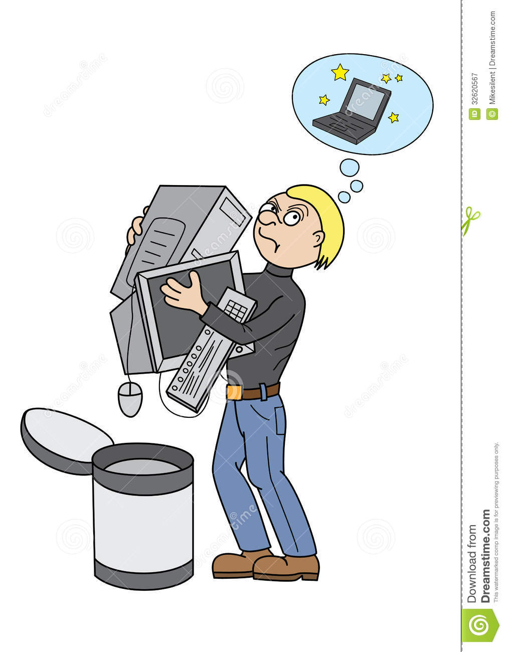 Cartoon Man Throwing Out Old Computer And Dreaming About A New Laptop    