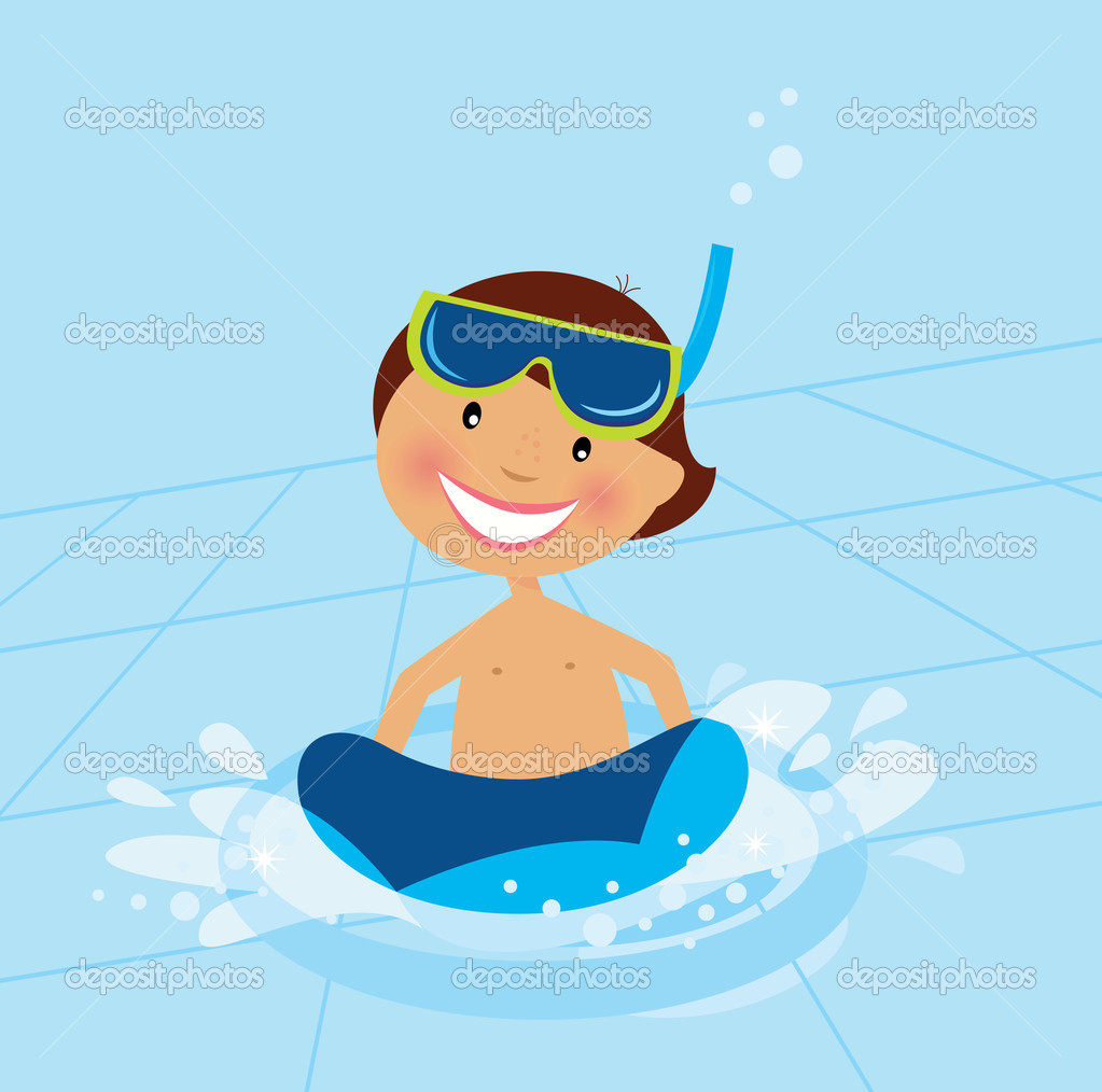 Pool Vector Illustration Of Small Happy Boy Swimming In Cold Pool