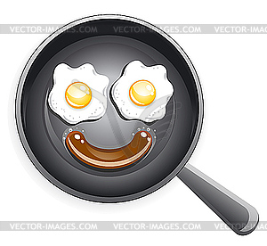 Smile  Fried Eggs And Sausage On Frying Pan   Vector Clipart