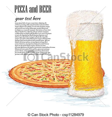Vectors Illustration Of Pizza And Beer   Closeup Illustration Of A