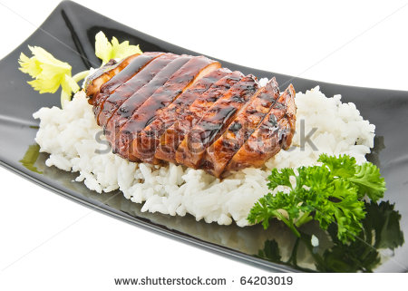 Black Plate With Chicken And Rice On White   Stock Photo
