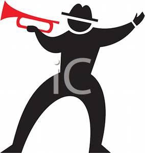 Black Silhouette Of A Male Trumpet Player   Royalty Free Clipart