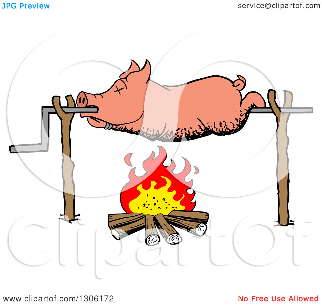 Clipart Of A Cartoon Dead Pig Roasing On A Spit Over A Fire   Royalty
