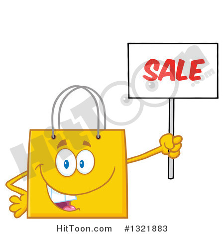 Clipart Of A Cartoon Yellow Shopping Bag Character Holding Up A Sale