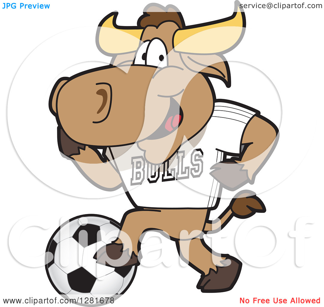 Clipart Of A Happy Bull School Mascot Character Athlete Playing Soccer