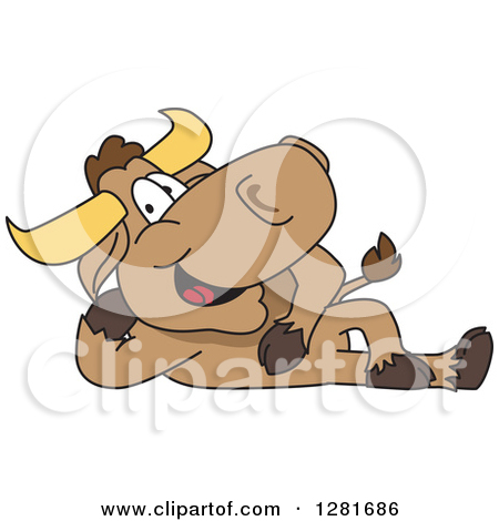 Clipart Of A Happy Bull School Mascot Character Resting On His Side