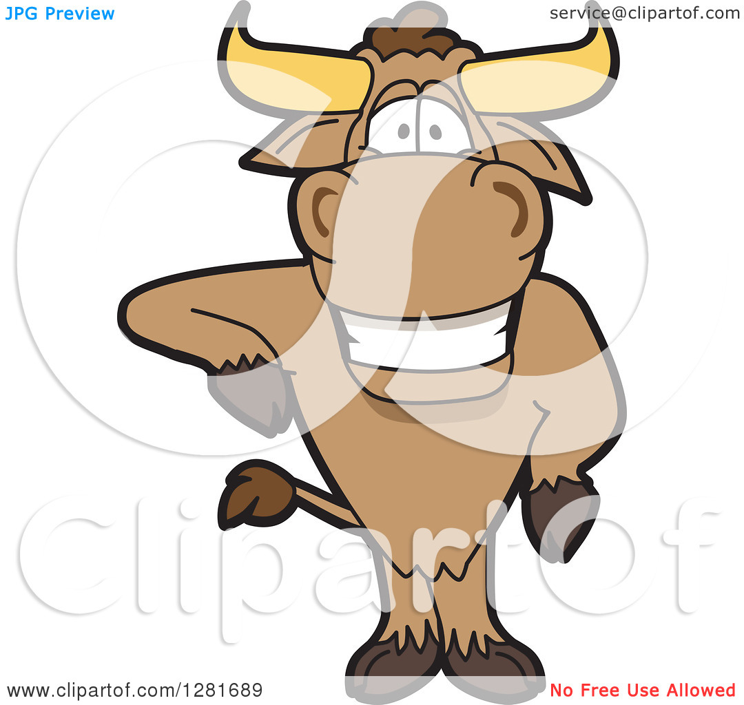 Clipart Of A Happy Bull School Mascot Character Standing And Leaning