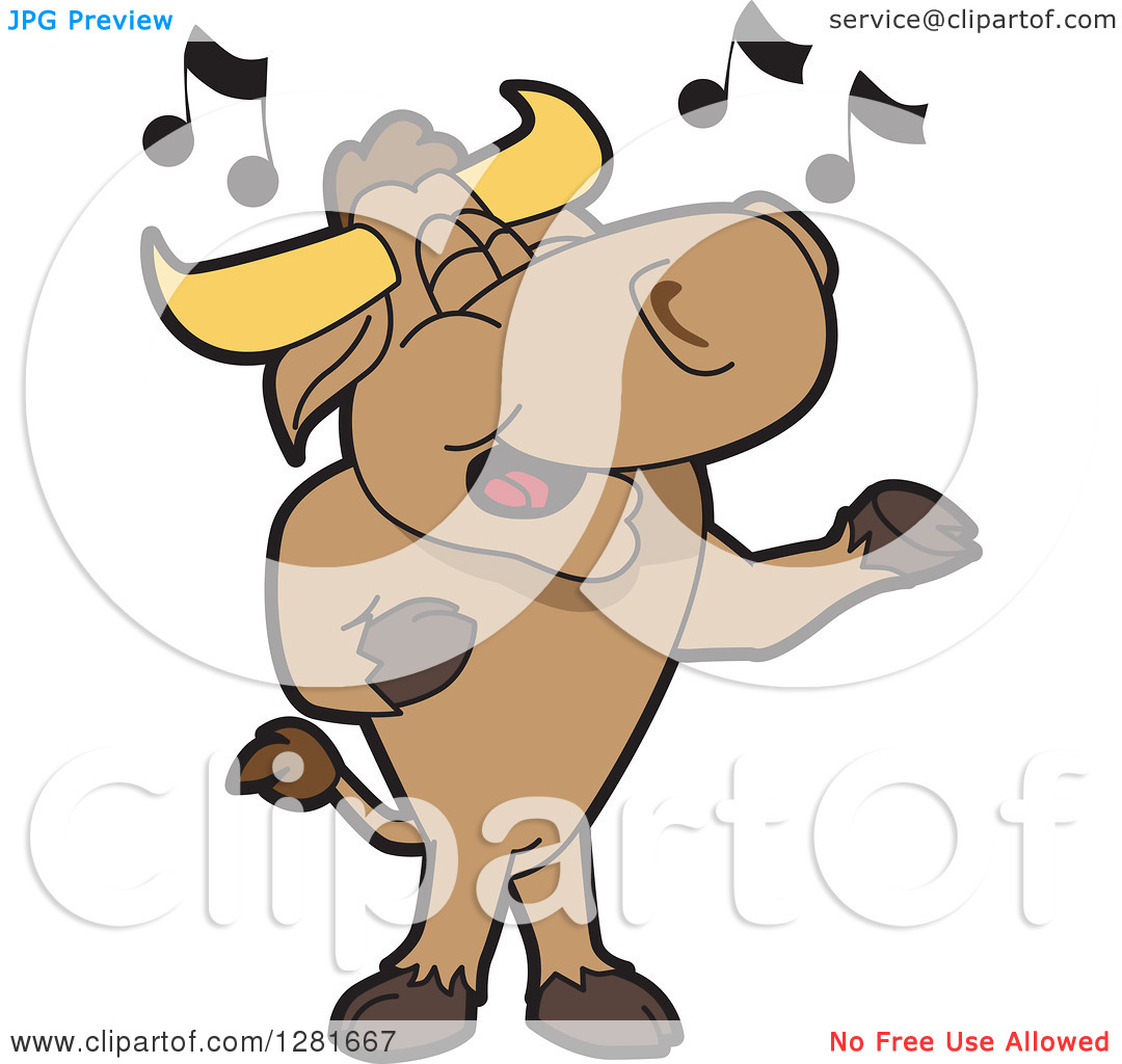 Clipart Of A Happy Bull School Mascot Character Standing And Singing    