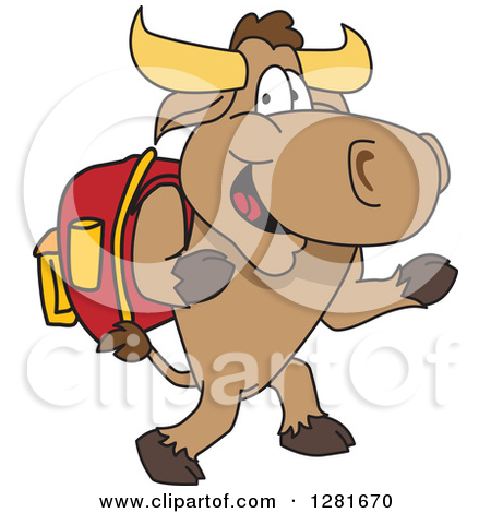 Clipart Of A Happy Bull School Mascot Character Student Walking    