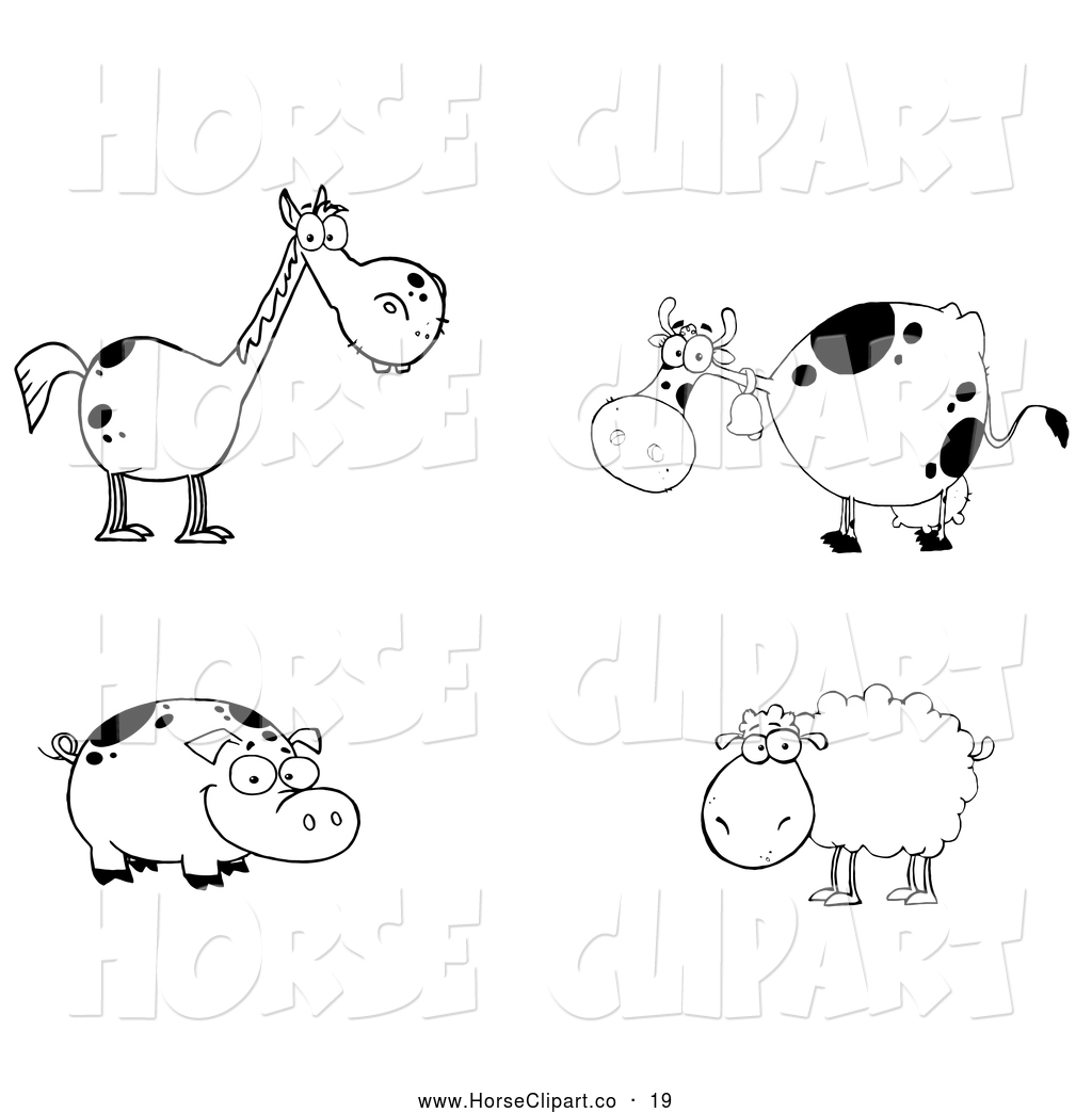     Cute Group Of Farm Animals  Black And White Horse Cow Pig And Sheep
