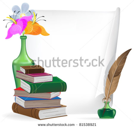 Old Books Feather Inkwell And Flowers On A White Sheet Of Paper
