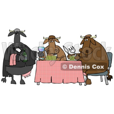 Tables And Serving Wine To A Dining Cow Couple Clipart Illustration