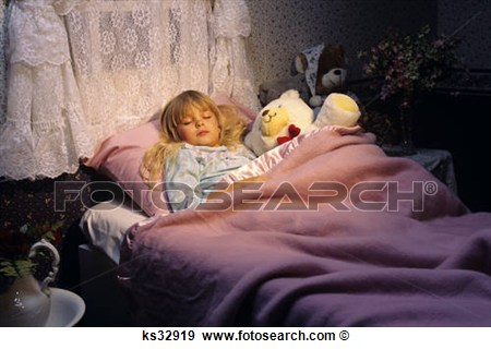 1990s Little Girl Asleep In Bed With Stuffed Animals View Large Photo    