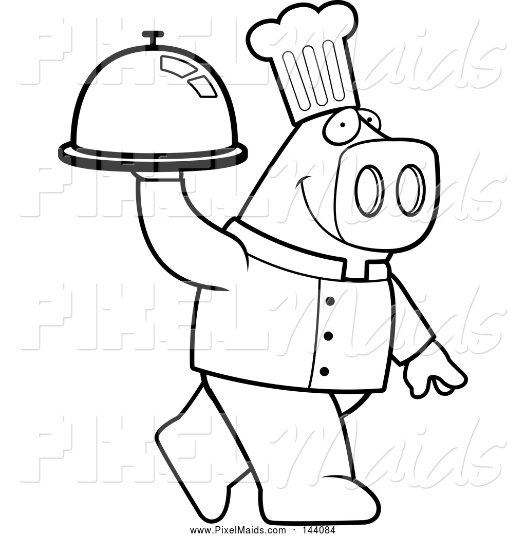 Clipart Of A Black And White Chef Pig Carrying A Platter By Cory