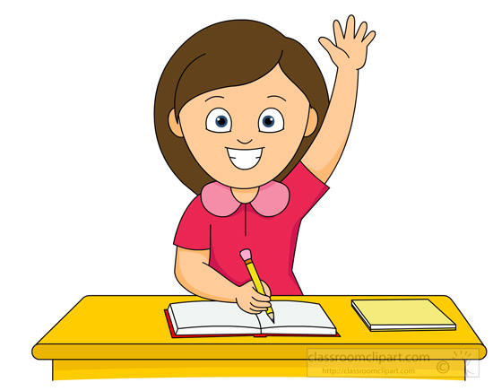 Girl Raising Hand In Classroom Sitting At Desk   Classroom Clipart