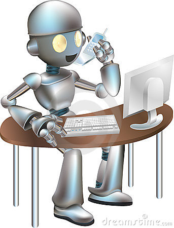 Illustration Of Futuristic Robot Sitting At Desk On The Phone And