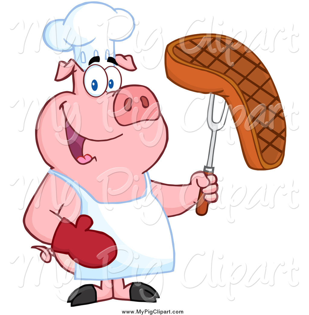 Swine Clipart Of A Chef Pig Holding A Steak On A Bbq Fork By Hit Toon
