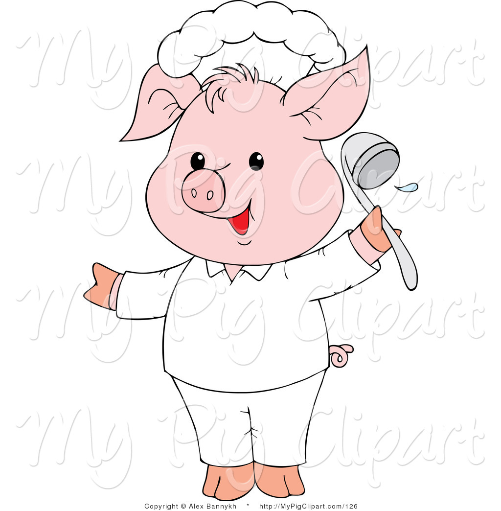 Swine Clipart Of A Cute Pink Pig Chef Holding A Ladle And Smiling By