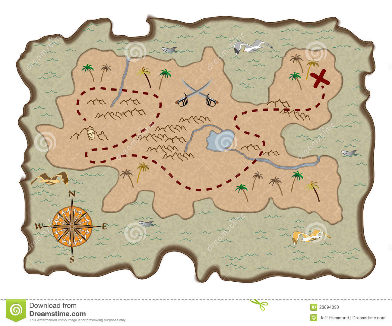 Vector Drawing Of A Tattered Treasure Map Showing An Island With A