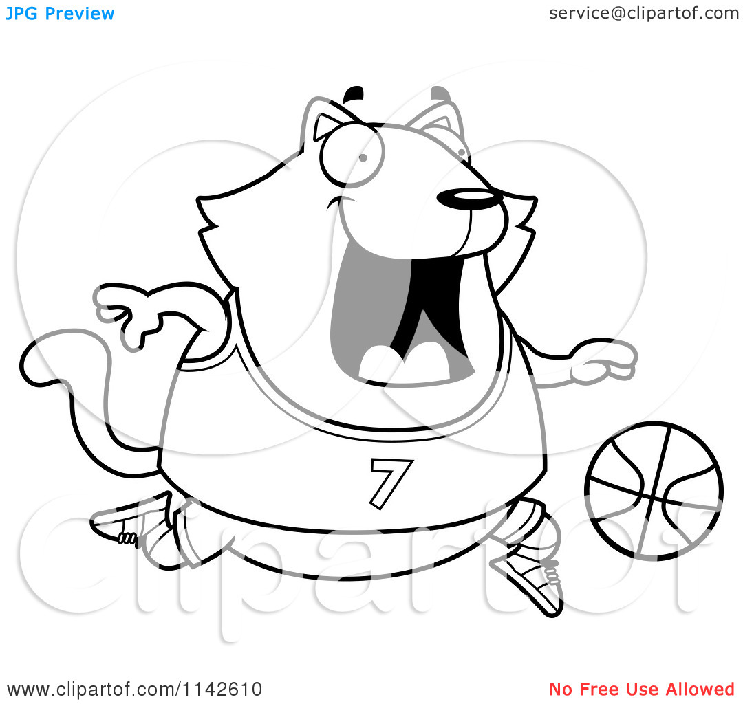Cartoon Clipart Of A Black And White Chubby Cat Playing Basketball    