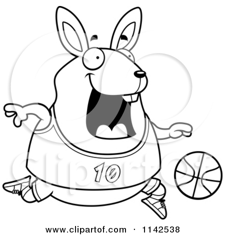 Cartoon Clipart Of A Black And White Chubby Rabbit Playing Basketball