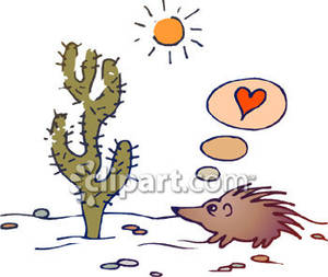 Cartoon Porcupine In Love With A Cactus   Royalty Free Clipart Picture