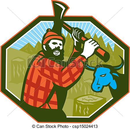 Clip Art Of Paul Bunyan Lumberjack Axe Blue Ox   Illustration Of Paul