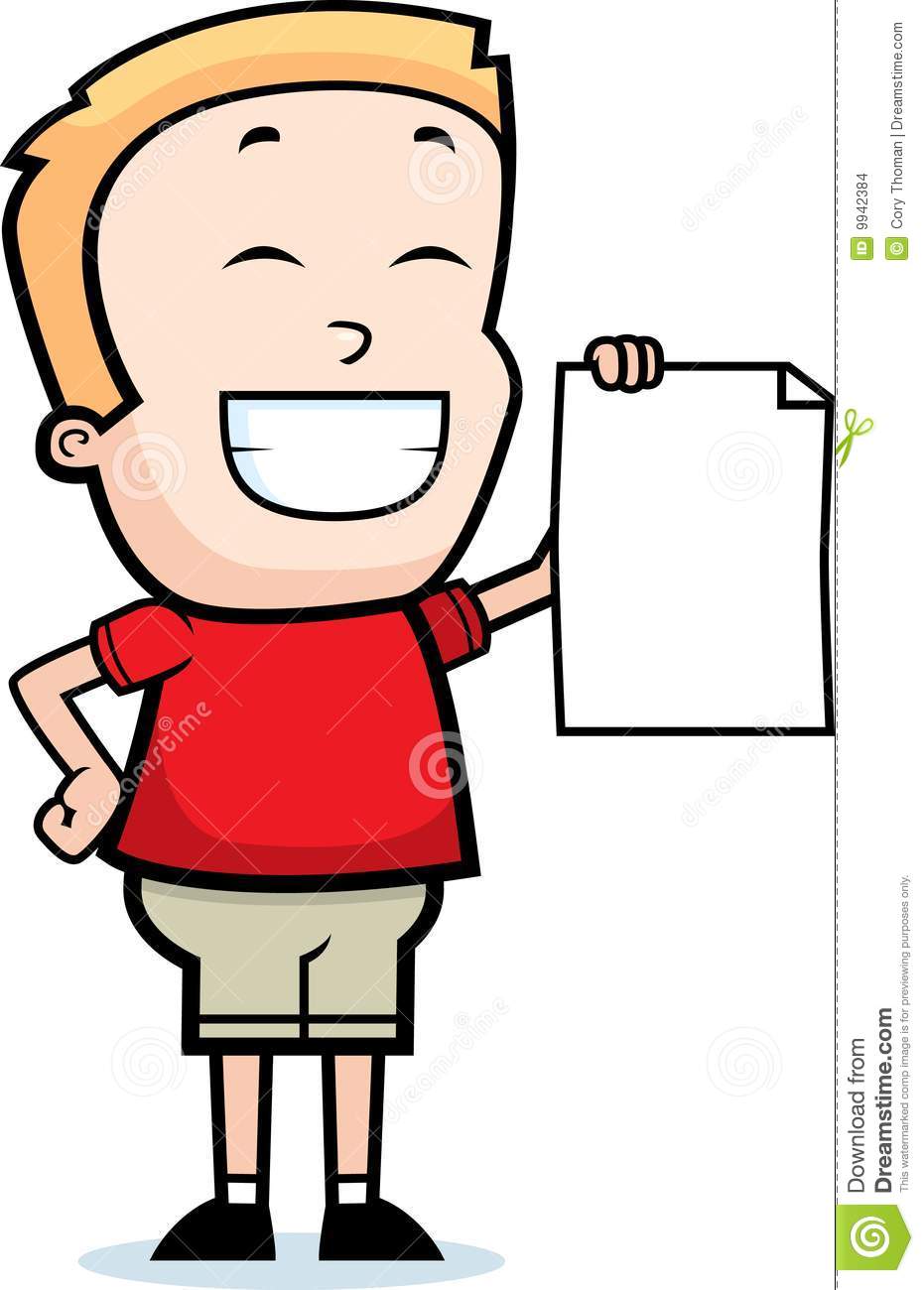 Cartoon Boy Smiling And Holding A Piece Of Paper
