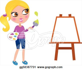 Cartoon Happy Little Painter Girl With Paint Brush