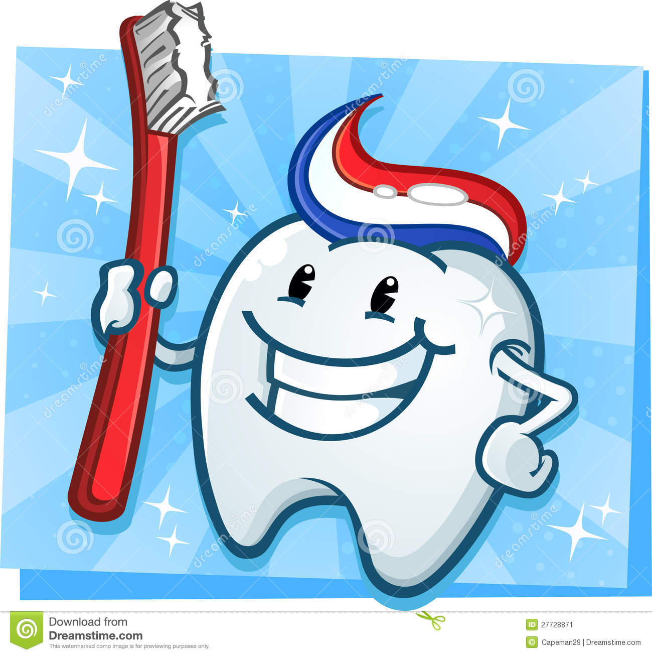 Cheerful Shiny Tooth Character  Holding His Toothbrush Victoriously