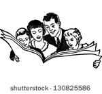 Family Reading Newspaper   Retro Clip Art Illustration   Stock Vector