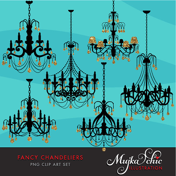 Fancy Gold Foil Chandelier Clipart With Glitter Crystals  Instant