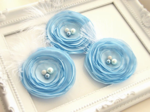 Flower Hair Clip Set Of 3 Blue Fabric Flowers Bridesmaid Flowers    