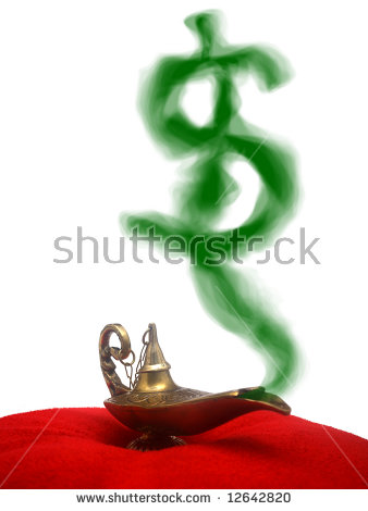 Genie Lamp With Smoke On A Red Velvet Pillow With A Money Sign Smoke
