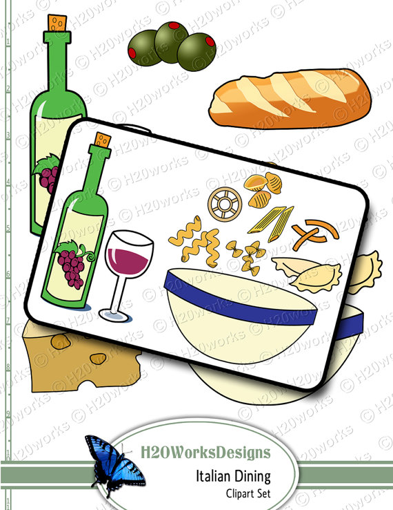 Italian Dining Clipart Set   Food Clip Art Pasta Bowl Wine Bottle    