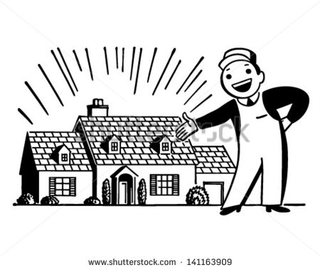 Man With Freshly Painted House   Retro Clip Art Illustration   Stock