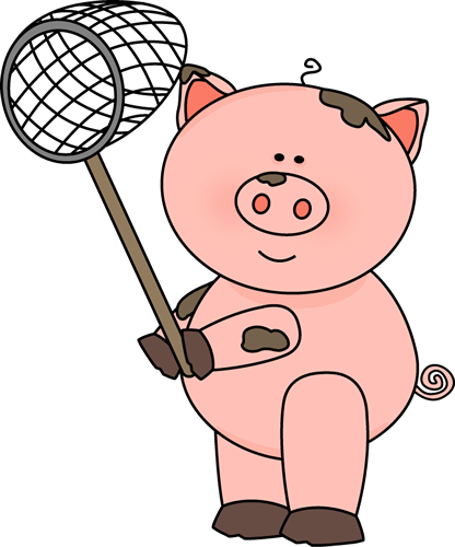 Pig Holding A Net Clip Art Image   Cute Pink Pig Covered In Mud And