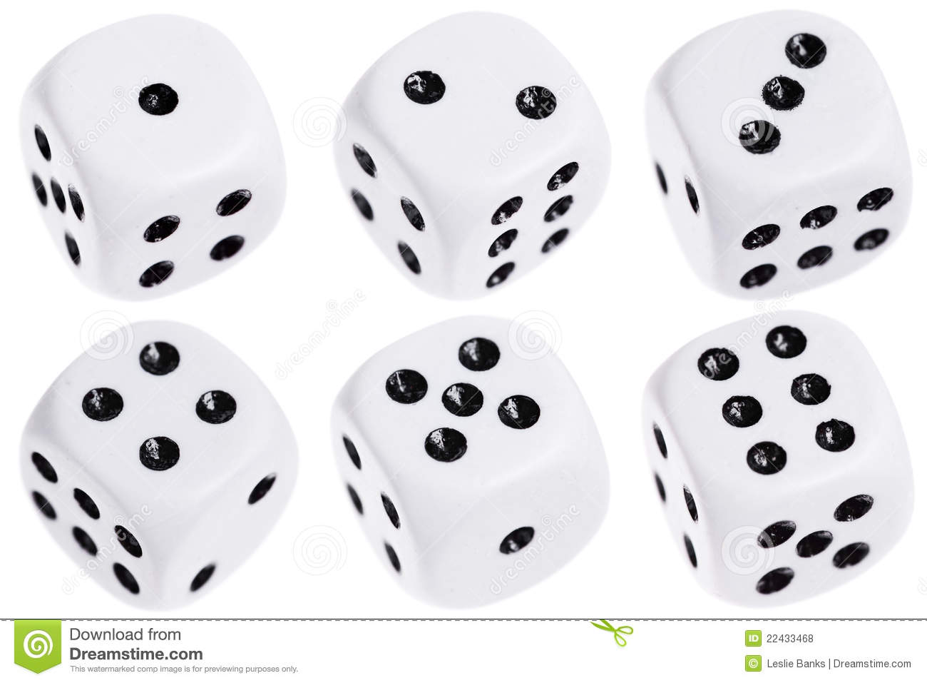 Six Dice With Numbers 1 Through 6 Showing Isolated On White  Each Die    