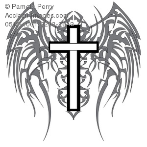 Clip Art Illustration Of A Gothic Cross With Wings   Acclaim Stock