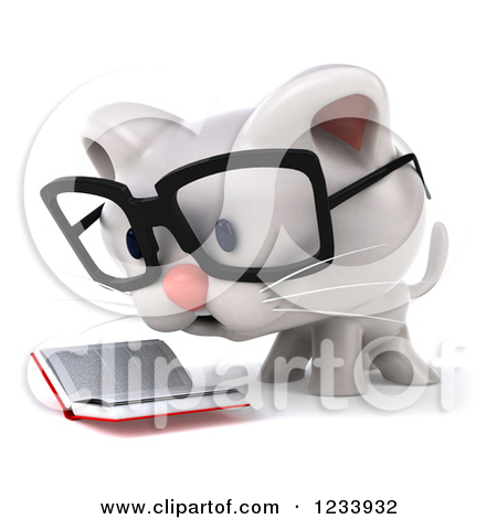 Clipart Of A 3d Bespectacled White Kitten On A Stack Of Books    