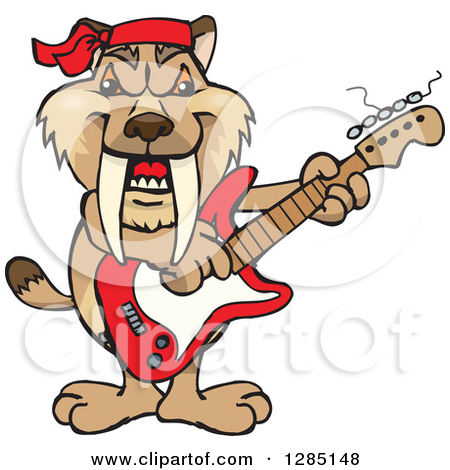 Clipart Of A Cartoon Happy Saber Toothed Tiger Playing An Electric