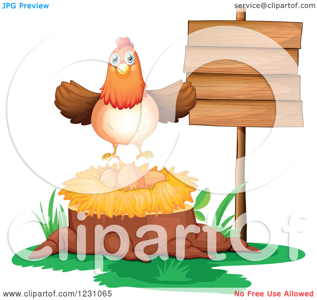 Clipart Of A Chicken Hen With A Nest Of Eggs On A Tree Stump   Royalty    