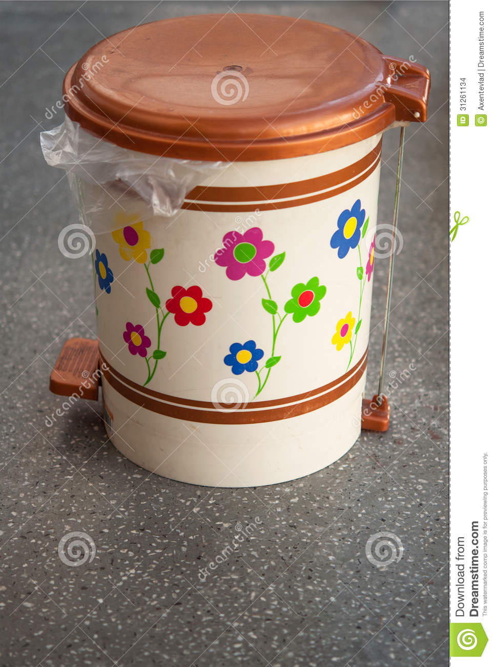 Colored Trash Can With A Plastic Bag Inside On Grey Stock Images    
