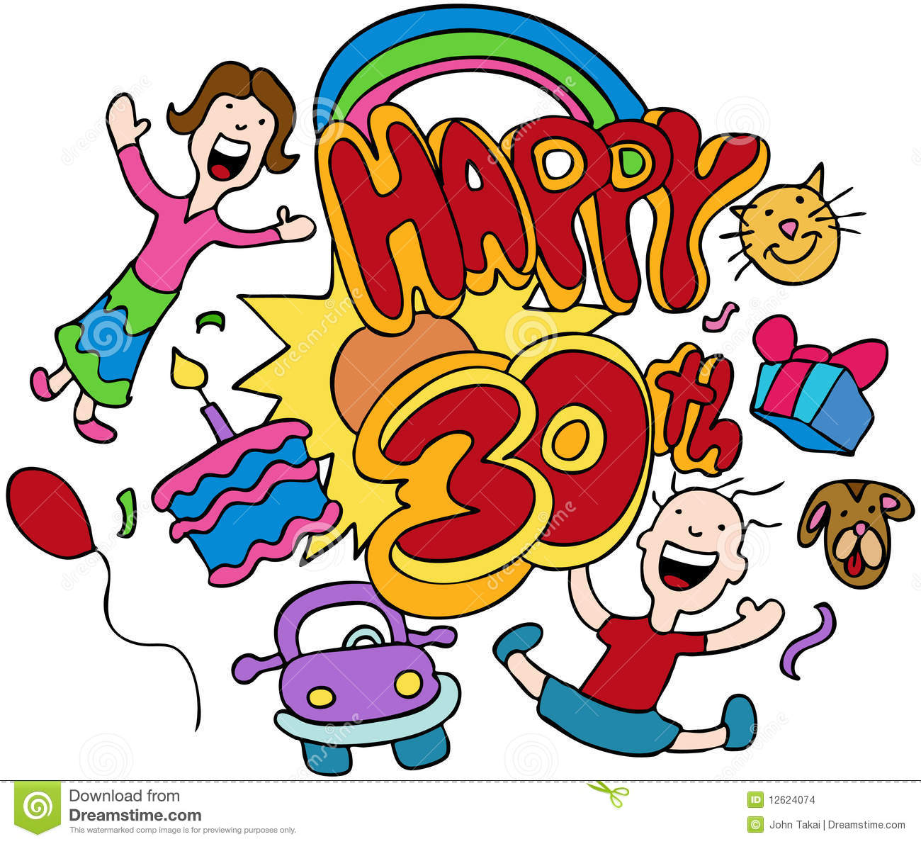 Happy 30th Cartoon Isolated On A White Background 