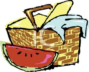 Picnic Basket With A Slice Of Watermelon   Royalty Free Clipart    