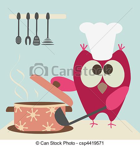 Vector   Cute Owl With A Bawl Cooking In The   Stock Illustration