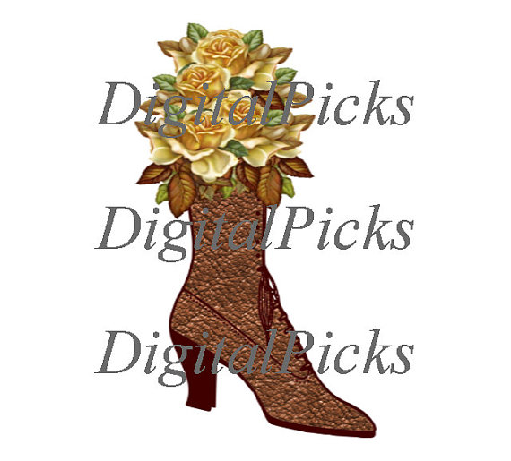 050 X 12 003 Ladies Boot Brown Leather And Roses Digital Clip Art    