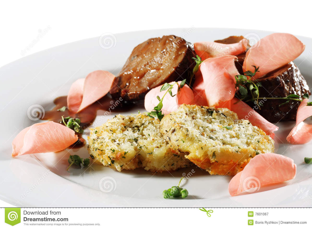 Beef Plate With Potatoes Galette Served With Boiled Rose Petal And